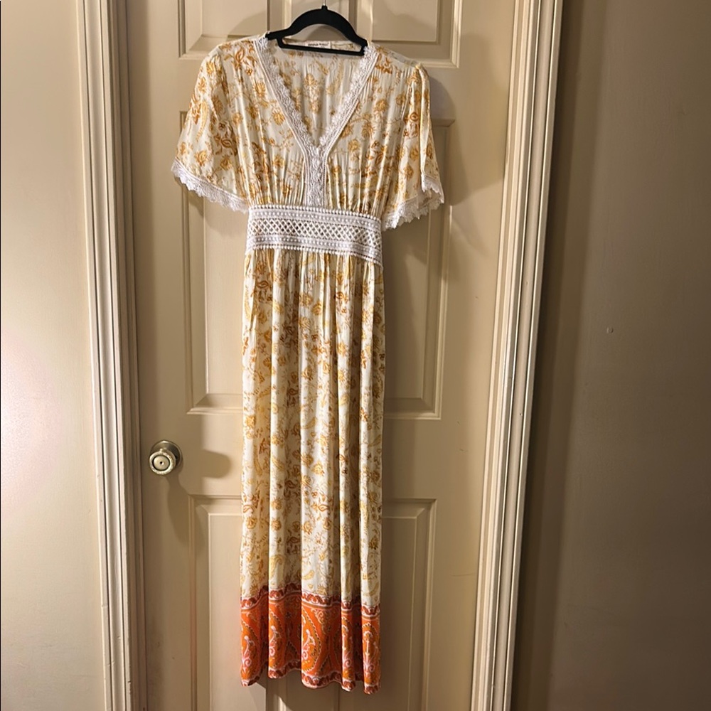 Anna Kaci California Floral Boho  Maxi Dress with Orange Accents